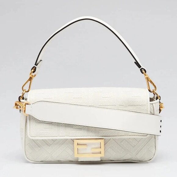 Fendi White FF Cotton Canvas Medium Baguette Bag - 8BR600 - Picture 1 of 11